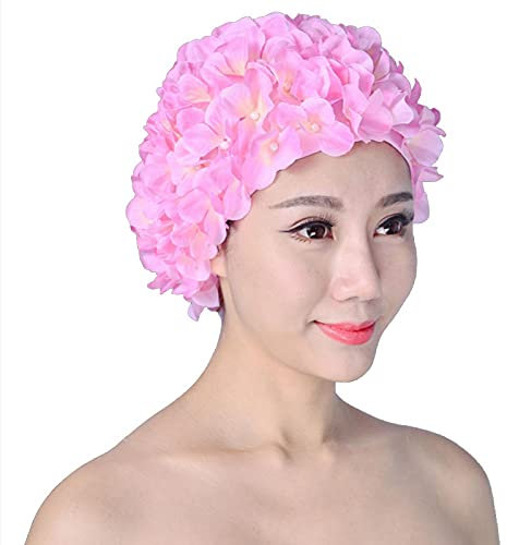Anwangda Cuffia da nuoto da donna, traspirante, morbida, confortevole e floreale, stile classico, stile retrò, 3D, con petali di fiori fatti a mano (rosa)