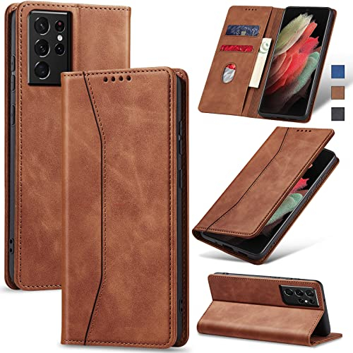 Jasonyu Handyhülle für Samsung Galaxy S21 Ultra Hülle Leder Flip Klappbare Stoßfeste Magnetische Premium PU Leder Standfunktion Kartenfächern Schutzhülle Klapphülle für Samsung S21 Ultra,Braun