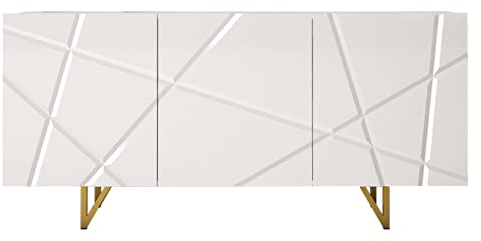 Mirjan24 Kommode Litarez 160 mit 3 Türen, Griffloses Öffnungssystem, Gold Metallfüße, Highboard, Anrichte, Sideboard, Mehrzweckschrank, Wohnzimmerschrank, Schrank (Weiß/Weiß Hochglanz)
