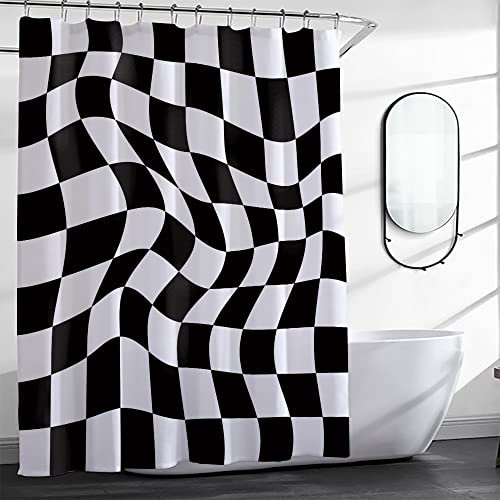 De-Mediocre Rideau de douche esthétique à damier noir et blanc - Style rétro hippie abstrait moderne - Aquarelle - 182,9 x 182,9 cm (l x L)