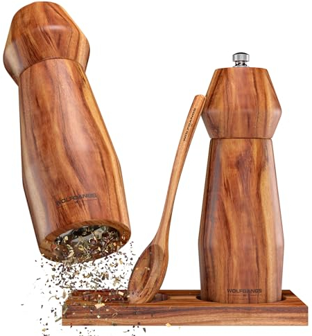 Wolfgangs Salz und Pfeffermühle Klein aus Holz - Edles Gewürzmühlen Set mit Keramikmahlwerk für jede Mahlgröße - Pfeffer und Salzmühle Holz - Pfeffer Mühle mit Extra Untersetzer + Löffel