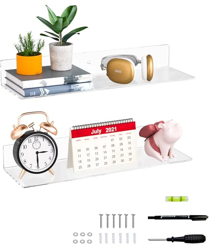 Sezanrpt 50cm klare Wandregale für Wand, Wand montiert Acryl schwimmend Regal für Pflanzen, Lautsprecher, Radio, Funko Pop, Plüschtier, Bücher, Kosmetik, Toilettenartikel, 2-Pack (50cm)
