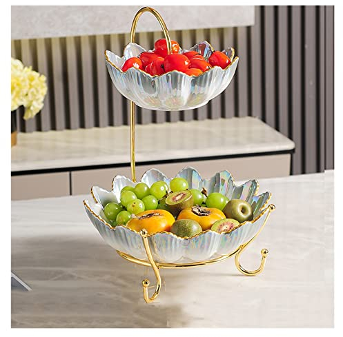 OQHAIR Frutero de 2 Niveles, Plato de cerámica de Lujo Ligero para Frutos Secos, Soporte de exhibición de Frutos Secos y Bayas, Bandeja de Almacenamiento de Dulces para decoración del Hog