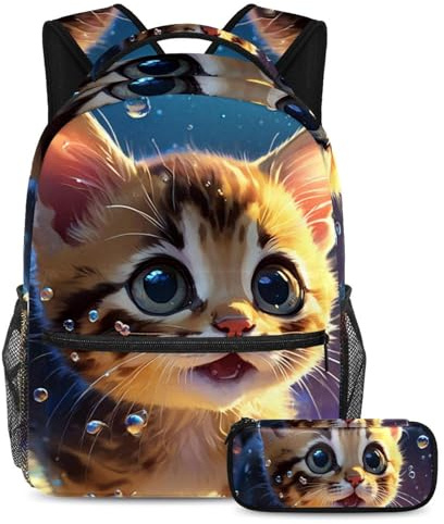 Machen Sie sich bereit für Abenteuer mit dem robusten 2-teiligen Schulranzen-Set Rucksack, schöne Katze schwimmt unter Wasser, Mehrfarbig Nr. 07, B：29.4x20x40cm P：19x7.5x3.8cm, Tagesrucksack