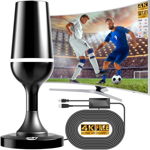 Antenne TV TNT Intérieure HD avec Amplificateur, Réception 360° | Longue portée jusqu’à 50 miles, base magnétique solide, gain élevé, compatible VHF/UHF, 720p, 1080p et 4K
