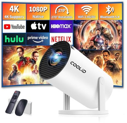 Mini Proyector Vídeo, Proyector Portátil con Doble Banda WIFI 6 Inalámbrico Bluetooth 5.4, Corrección Trapezoidal Automática, 270° Giratorio HDMI/TV Stick/USB/PS5/Laptop, con Cable HDMI y Ratón,Blanco