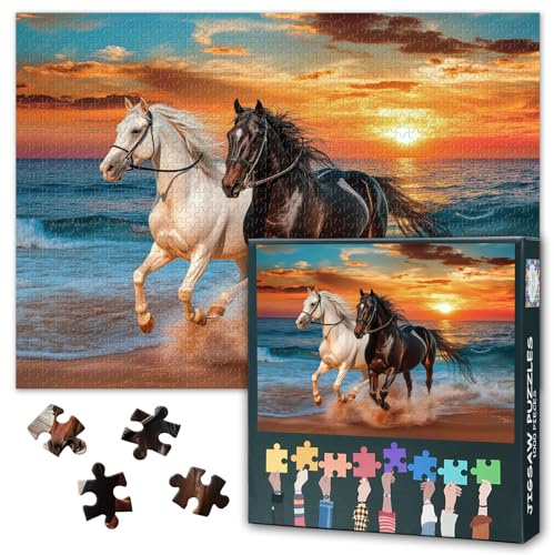 1000 Stück Puzzle für Erwachsene Schwarzes und weißes Pferd - Jigsaw Puzzles 1000 Teile, schwer unmöglich schwierig herausfordernde Puzzle Beach Sunset (70 x 50 cm), Family Game Night