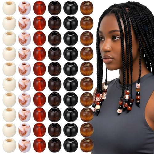 Matwsec 60 Stück Holzperlen Große Löcher Perlen Haarschmuck 6 Farben Natur Holzperlen Zum Basteln, für Dreadlocks, Haarzopfperlen, Makramee und Schmuckherstellung