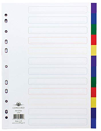 Concord Plastic Subject Dividers Polypropylene 120 Micron Europunched 12-Part A4 Assorted Ref 65999