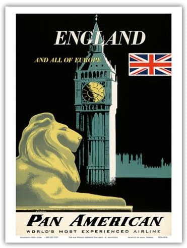 Aaron Amspoker 1950er Jahre Poster, Motiv: England und All of Europe Pan-American World Airways - Big Ben und Britische Flagge, Vintage-Stil, 22,9 x 30,5 cm