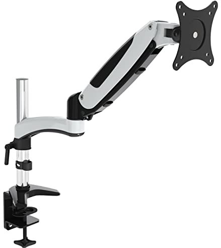 HFTEK Monitor Halter Tischhalterung für Bildschirme von 15 bis 27 Zoll - VESA 75/100 - vollbeweglich + höhenverstellbar + freischwingend - GM112D (Weiss)