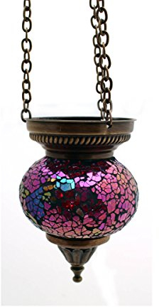 Orientalische Lampe handgefertigt aus Glasmosaik, Hängelampe Windlicht Pendelleuchte Aussenleuchte Deckenleuchte aus Glas Teelichthalter Orientalisch Handarbeit Dekoration - Gall&Zick (Rosa S)