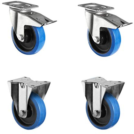 CASCOO SETTBFB080R4F1R0N Rollensatz 2 Lenkrollen mit Feststeller, 2 Bockrollen, Polyamid, Elastik blau, Gummi, Durchmesser 80 mm, Rollenlager, Transportrollen, Traglast 390 kg (4-er Pack)