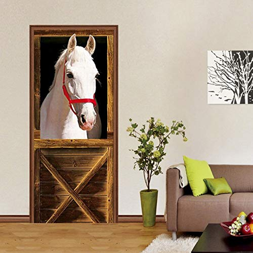 3D Türtapete Türaufkleber Weißes Pferd Selbstklebend PVC Wasserdicht Wandbild TürPoster Fototapete für Wohnzimmer Schlafzimmer Küche Bad Dekoration 77x200cm