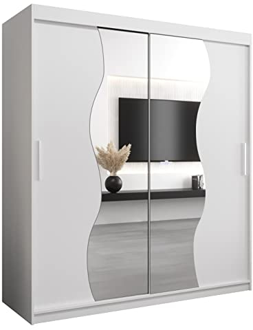 KRYSPOL Schwebetürenschrank Madryt 180 cm mit Spiegel Kleiderschrank mit Kleiderstange und Einlegeboden Schlafzimmer- Wohnzimmerschrank Schiebetüren Modern Design (Weiß)