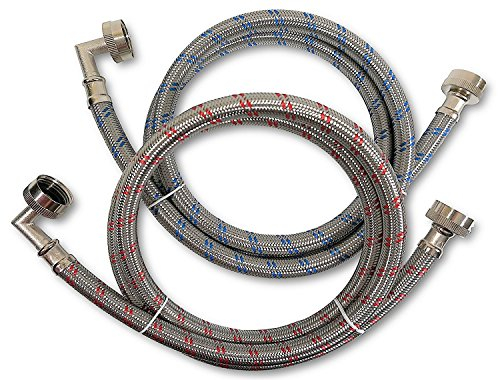 Mangueras de lavadora de acero inoxidable de alta calidad con codo de 90 grados, 3 metros de largo (pack de 2). Suministro de entrada de agua con rayas rojas y azules para fácil identificación
