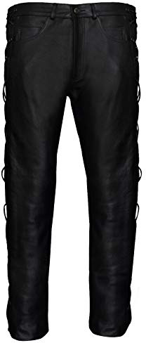 Infinity Leather Pantaloni da Moto in Pelle da Uomo Jeans da Motociclista Neri Classici in Pelle Bovina con Lacci 32
