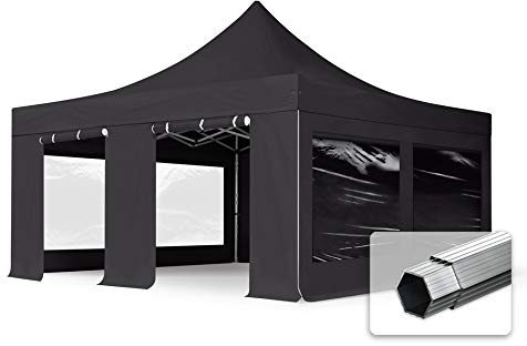 ALU Pavillon Faltpavillon 5x5m mit Panoramafenstern robust und wasserdicht Professional 50mm Partyzelt schwarz feuersicher