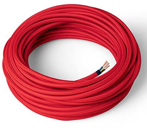 Amarcords - Cavo elettrico tessile colore ROSSO tondo seta 30 metri con messa a terra 3x075mm - Filo rivestito in tessuto colorato vintage per lampade lampadari applique e abat jour.