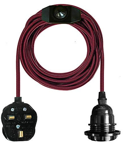 Pendant Light Ceiling Lighting Fitting, E27 Lamp Holder Suspended 4m Fabric cable Plug in Pendant with Dimmer Switch (Burgundy)