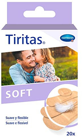 Tiritas Soft: Apósitos de color carne fabricados en suave papel. Indicadas para pieles sensibles y delicadas. Protección suave para pequeñas heridas; 4 tamaños; 20 unidades