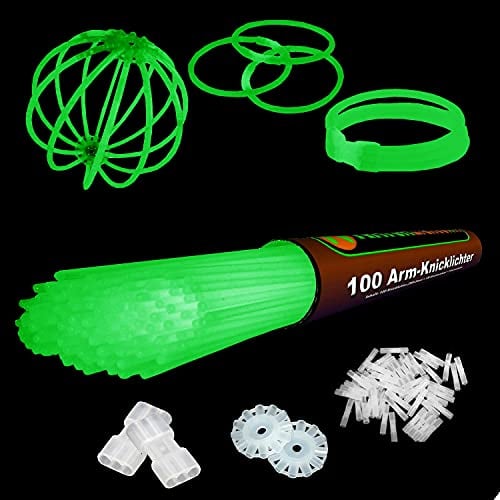 NEON FUN 100 Arm Knicklichter | Gruen | Geprüfte Qualität | Testurteil 1,4 sehr gut | 8h | 100 hoch elastische Verbinder | 2 Dreifach Connectoren | 2 Kreisverbinder, Menge:1 Rolle