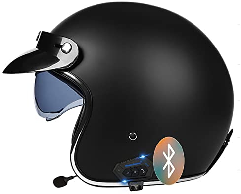 SDFGDFD Bluetooth Motorrad Halbhelm Jethelm Motorradhelm Retro-Moto-Helm mit Sonnenblende Vintage Motorrad Halbschale JetHelm Männer und Frauen,ECE-Zulassung Motorrad-Halbhelm