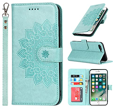 ELTEKER Handyhülle für iPhone 7 Plus, Hülle iPhone 8 Plus Klapphülle, [3 Kartenfächer] [Magnet Verschluss] Eleganter Prägung schutzhülle Ledertasche Hülle für iPhone 7 Plus/8 Plus, Grün