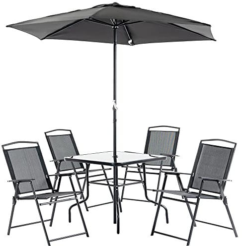Outsunny Conjunto de Muebles de Jardín con 4 Sillas Plegables Mesa de Comedor de Vidrio y Sombrilla Inclinable Protección del Sol para Patio Terraza Exterior 80x80x70 cm Negro