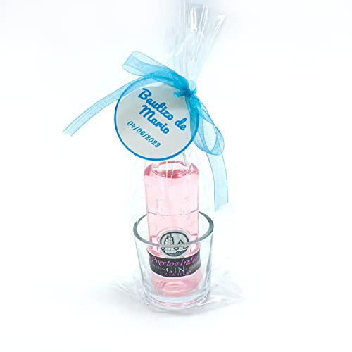 Puerto de Indias Mini Ginebra Con Vasito de Chupito y Etiqueta Personalizada para Regalar en Bodas, Comuniones o Bautizos (Puerto de Indias, 12)