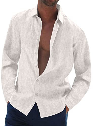 Halfword Long-Sleeve Linen Shirts Men Casual Beach Shirts Cotton Button Down Summer Holiday Wedding Tops White XXL