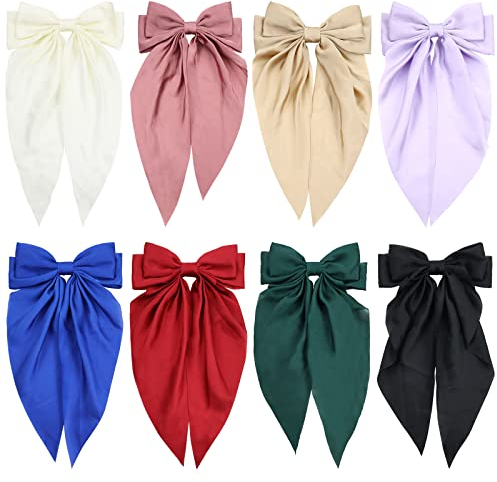 8 Stück Satin-Haarschleifen für Frauen, groß, weiß, rosa, rot, blau, schwarz, übergroße Schleife mit langem Schwanz, Haarschleife, Clips, Schleife, Pferdeschwanz, Haarschmuck
