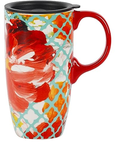 DUSVALLY Grande tasse à café en céramique avec couvercle - 500 ml - Fleur rouge