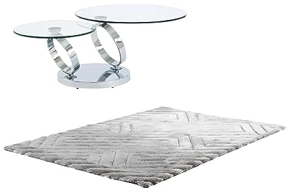 Vente-unique-Sparset : Couchtisch mit drehbarer Tischplatte - Transparent - Joline + Teppich Shaggy - Grau - Maze