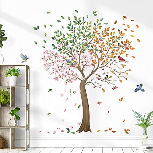 wondever Adesivi Murali Albero Grande Sticker da Muro Albero Fiori Uccelli Adesivi da Parete per Soggiorno Camera da Letto TV Parete (H: 160cm)