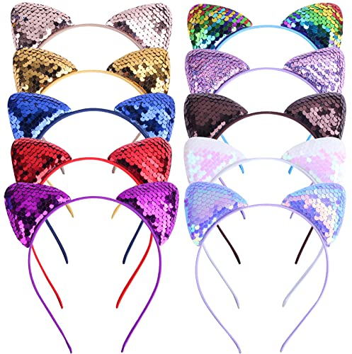 ZOCONE 10 Stück Katzenohren Haarschmuck Glitzer Katzenohren Haarreif Kinder Haarband Mit Ohren Haarreif Katzen Ohren für Frauen Mädchen Geburtstagsparty Karneval Cosplay