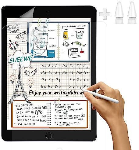 [2 Pezzi] Effetto Carta Pellicola per 9.7 iPad 6./5. Generazione&Air 2/1 &Pro 9,7, Feel Like Opaca Paper in PET per Disegnare Schizzi Scrittura, con 2 Punte per Apple Pencil Pro & USB-C & 1./2. Gen