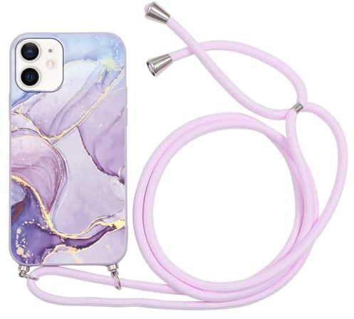 ZhuoFan Handykette Handyhülle für iPhone 12/iPhone 12 Pro Hülle mit Band,Aesthetic Marmor Muster Verstellbarer Halskette mit Kordel zumumhängen,Violett Stoßfest Schutzhülle Kette Cover,Marble Case