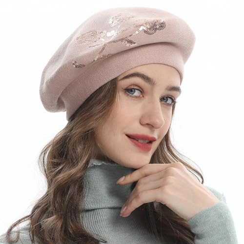 ZLYC Damen Winter Baskenmütze Französische Barett Doppelschicht Warm Beret(Paillettenblumen Rosa)
