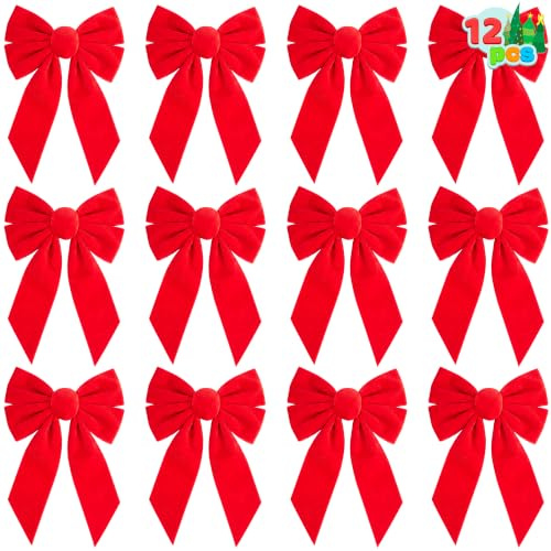 JOYIN 12 Pack Christmas Red Velvet Bows, 13 Long by 9 Wide Decorative Bows for Wreath Garland Christmas Tree Decor, Indoor Outdoor Holiday Decorations