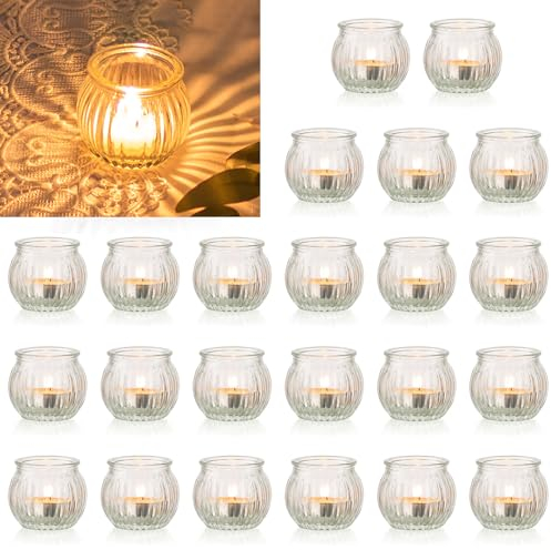 NUPTIO Glass Tealight Candle Holder: 24 Pcs Clear Pumpkin Christmas Tea Light Holders Small Ribbed Crystal Tea Candle Wedding Centrepiece for Tables Christmas Ornaments
