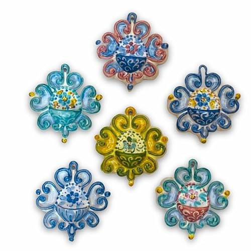 SICILIA BEDDA CAPACI Acquasantiera in Ceramica Siciliana, Forma barocca con Decoro e Colore Casuale, h 7 cm x L 7 cm ca. (1pz) MOD PC
