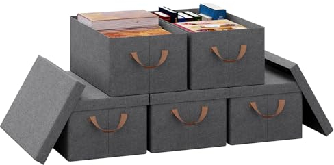 WOLTU Aufbewahrungsbox mit Deckel 5 Stück, aus Polyesterstoff, für Schlafzimmer, Arbeitszimmer, Wohnzimmer, Organizer Box groß mit Griffen, faltbar, Grau, 48x20x29 cm