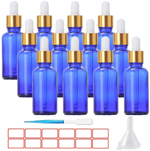 TUAKIMCE 12 x 30ml Glass Dropper Bottles with Dropper Pipettes, Refillable Sample Bottles with Funnel and Label for Essential Oil Blending, Perfumery (Blue)