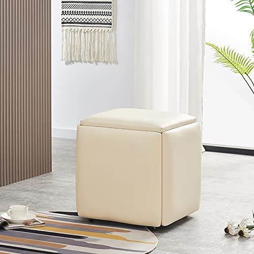 Ottoman Cube Chair Set, Stackable Foot Rest Stools with Wheels, Small Square Faux PU Ottomane for Living Room - 5 in 1 Design