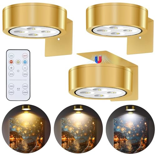 PANGTON VILLA Paquet de 3 Lampes de Peinture Sans fil à Piles, LED Eclairage Tableau, 3 Modes d'éclairage avec Télécommande Lampe Murale Sans fil, pour Peindre art, Photo, Chambre, Couloir - Or