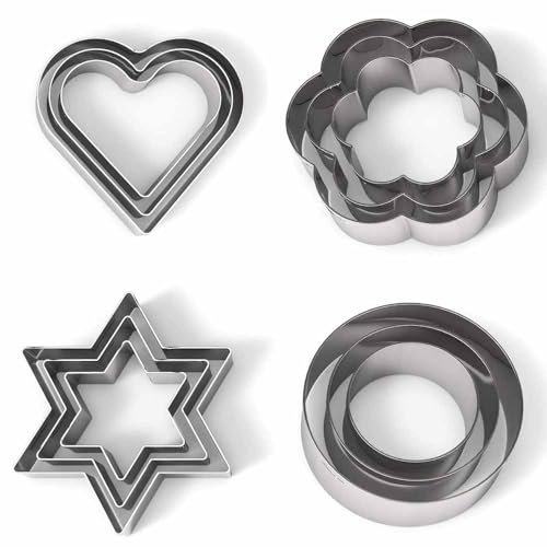 Selecto Bake 12 Pcs Cookie Cutters Shapes Baking Set, Heart Flower Round Star Shape Biscuit Stainless Steel Metal Molds Cutters for Kitchen Baking Small Cookie Cutters