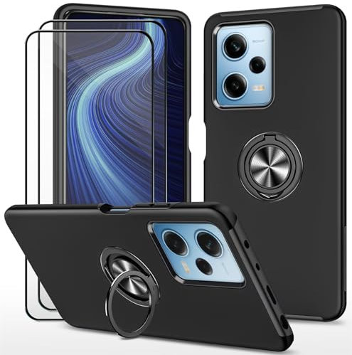 Dechyi Funda para Redmi Note 12 Pro 5G/Poco X5 Pro (6.67) y 2 Piezas Protector de Pantalla Cristal Vidrio Templado Carcasa robustez Durabilidad con Anillo Soporte- Negro