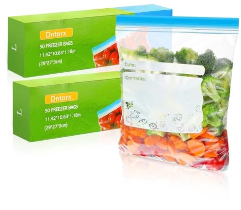100 Pcs Freezer Bags, Food Storage Bags (4.55L) Double Seal Reusable Ziplock Bags for Food Storage, Snacks, Fruits, Widen Bottom Soup Freezer Bags