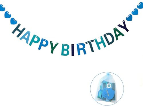 Blue Happy Birthday Banner Letters - Felt Birthday Garland Heart Decorations, Happy Birthday Sign Photo Prop for Women Girls With Storage bag